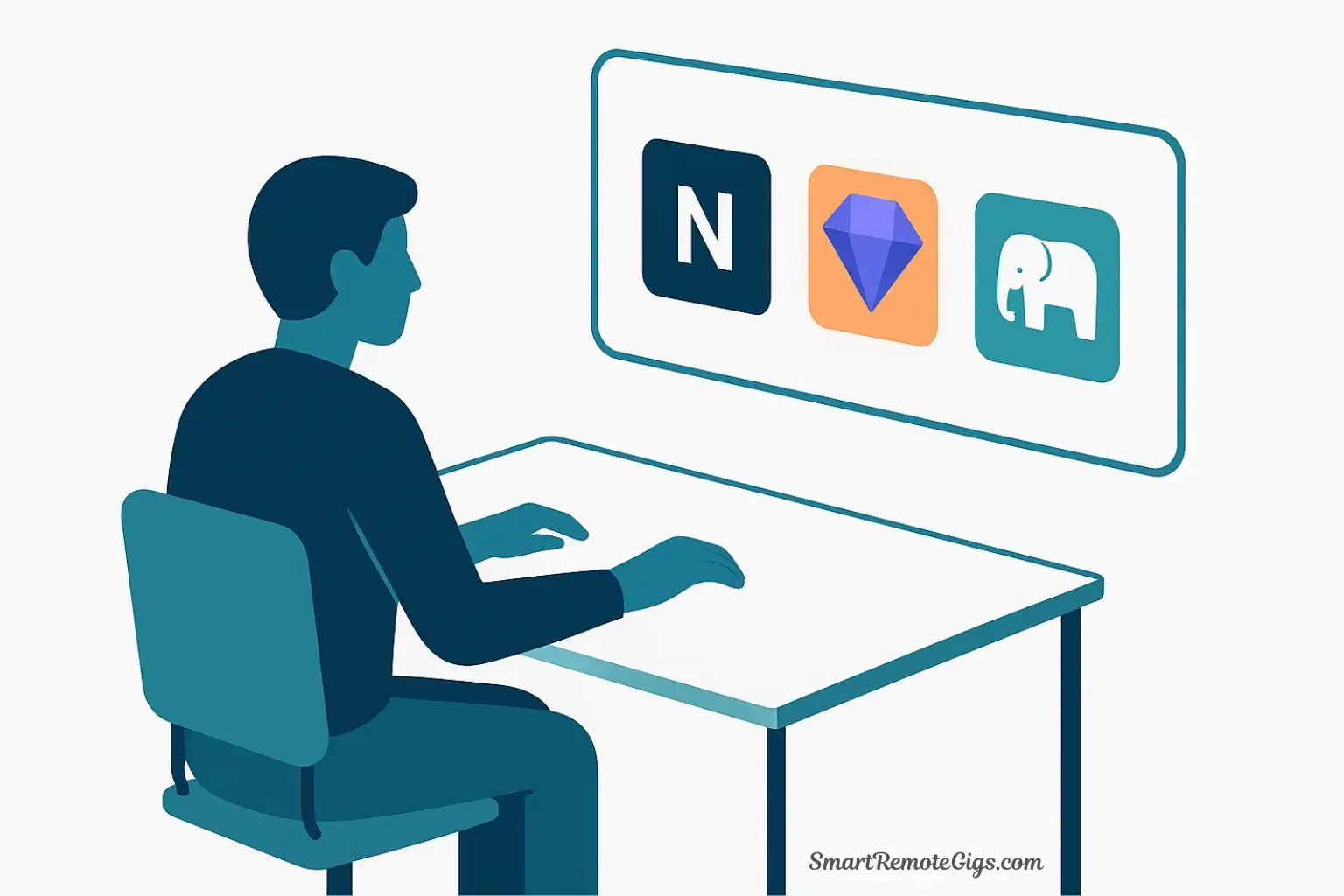 Vector illustration of a person choosing a note-taking app like Notion or Obsidian to build a second brain.