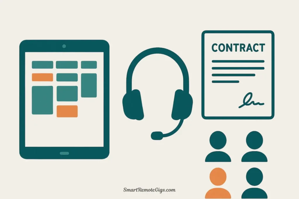A top-down vector illustration of a desk focused on client management, with a project management board, a headset for calls, and client profile icons.