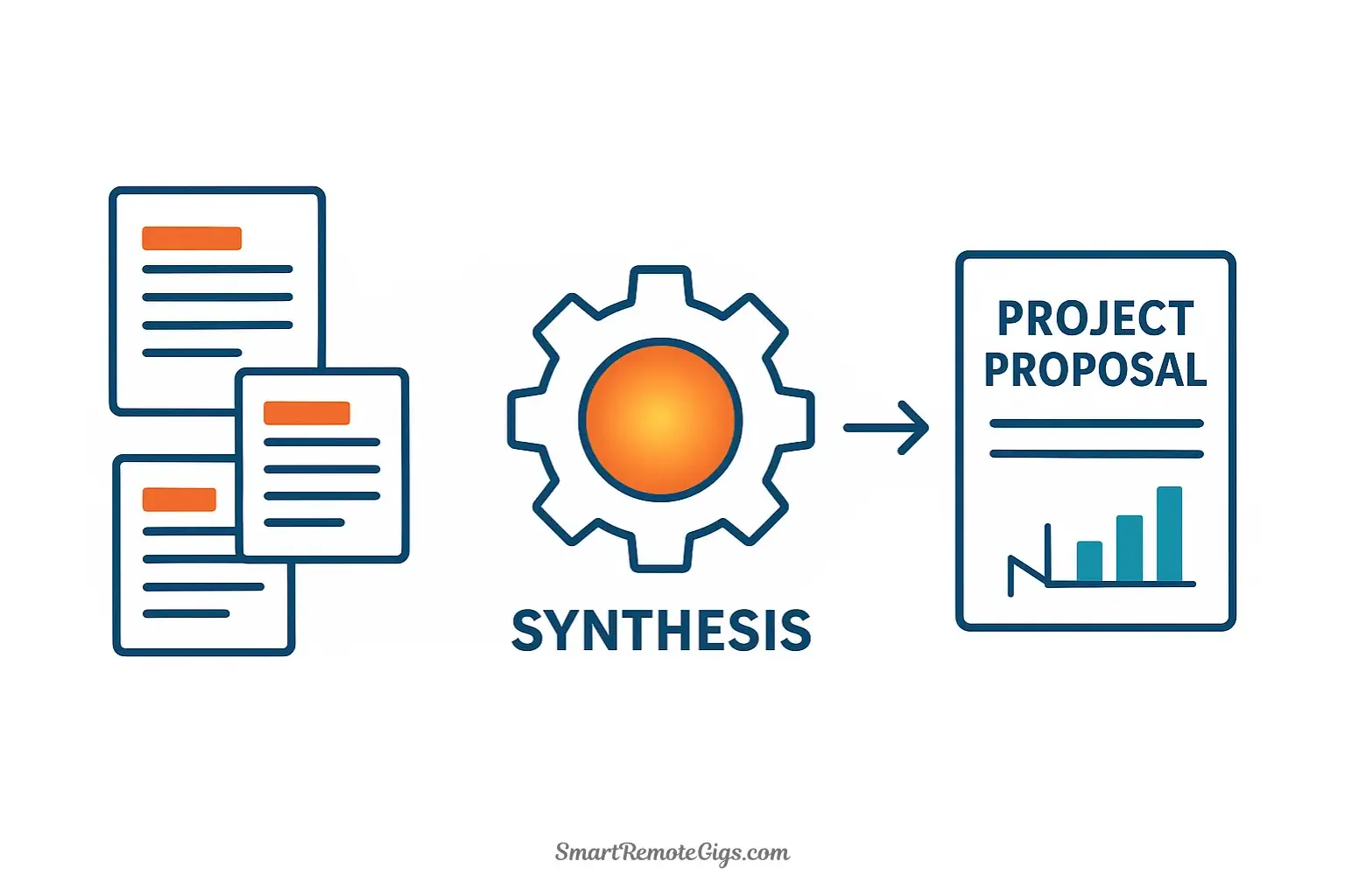 Conceptual illustration of the Express step of C.O.D.E., showing several refined notes being synthesized into a new creative output like an article or presentation.