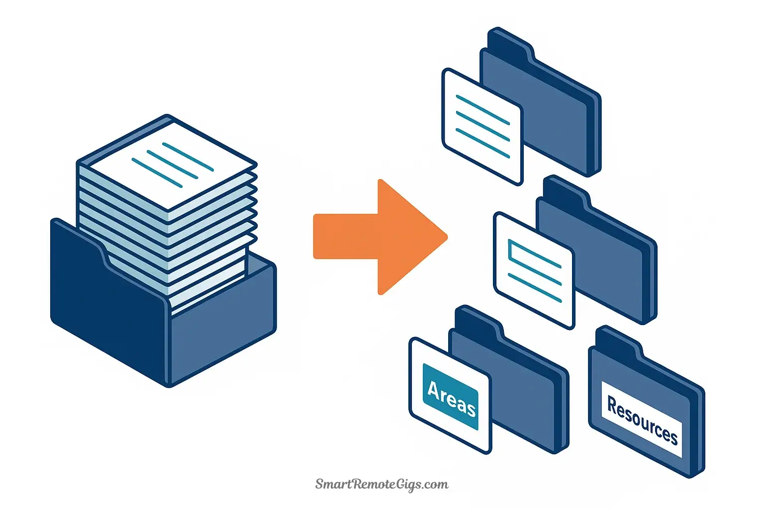 Visualizing the Organize step of C.O.D.E., where captured notes from an inbox are sorted into the P.A.R.A. folders: Projects, Areas, and Resources.