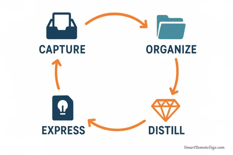 A circular diagram illustrating the four steps of Tiago Forte's C.O.D.E. method: Capture, Organize, Distill, and Express, representing a continuous creative workflow.
