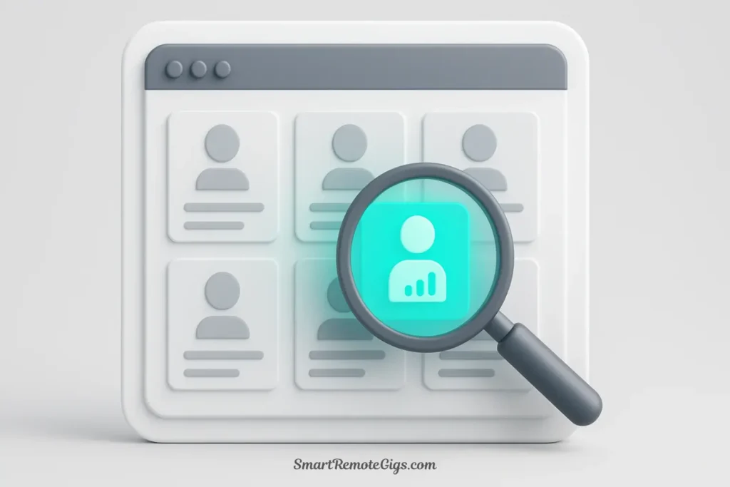 A 3D illustration showing the discovery process for a cold email case study, where a specific B2B SaaS company profile is highlighted on a screen, indicating a perfect opportunity was found.