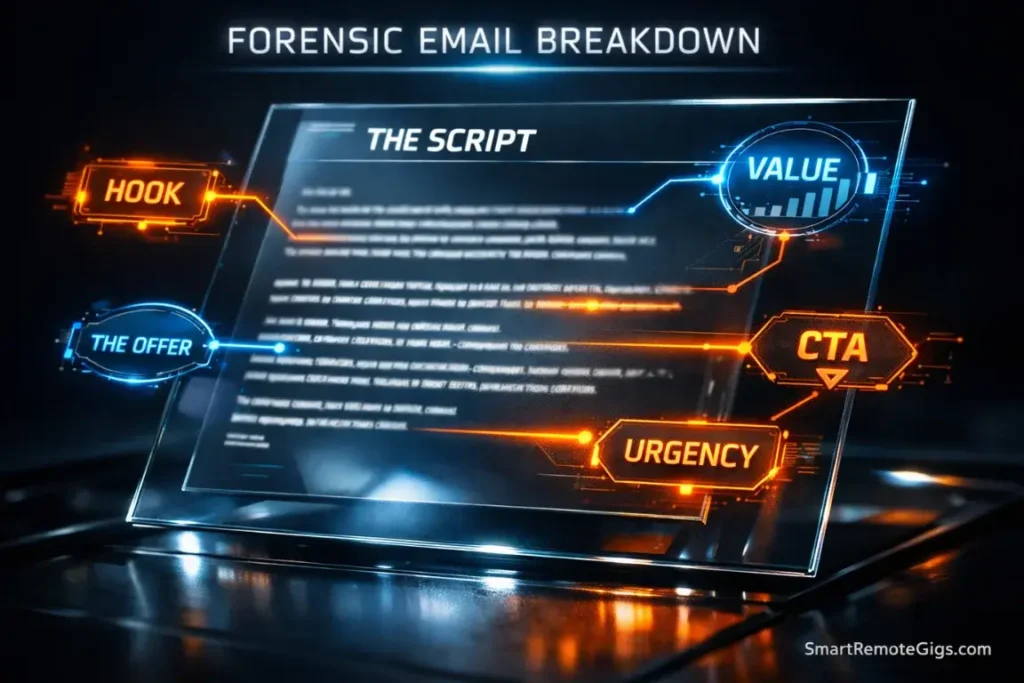 A digital interface dissecting an email script into strategic components like hook and value.