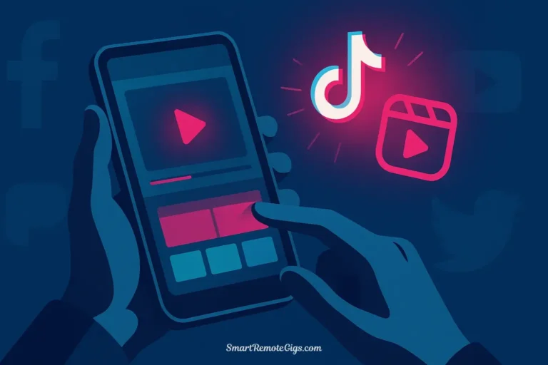 A creative professional edits a viral video on their phone, with the TikTok and Instagram Reels logos and various company logos floating around them, representing the top companies hiring for these roles.