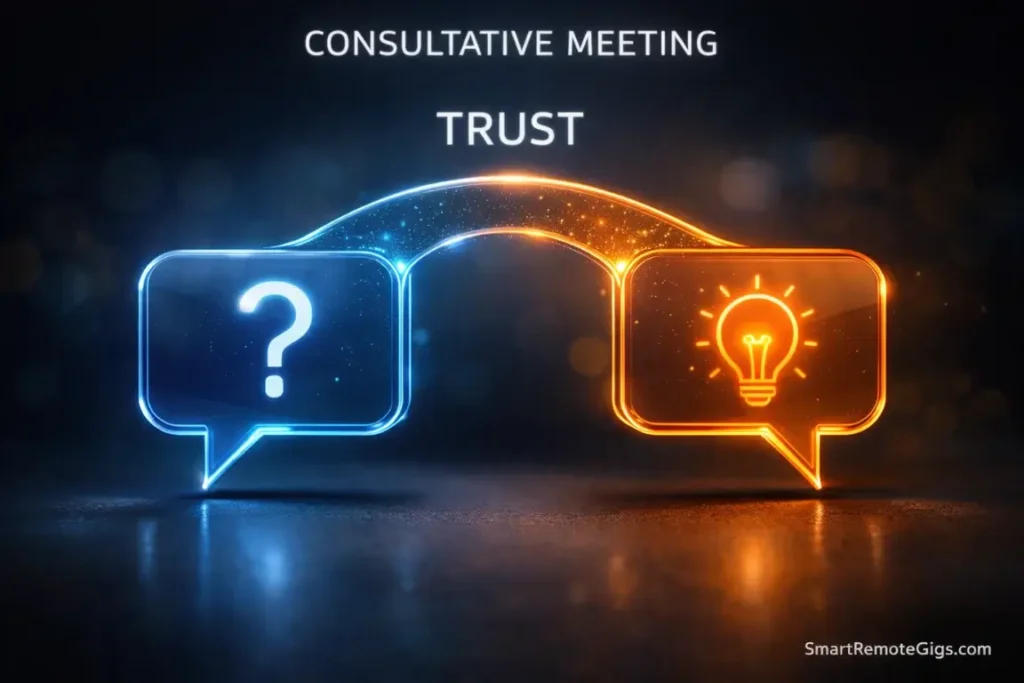 Two glowing speech bubbles forming a bridge, symbolizing trust-building during a sales call.