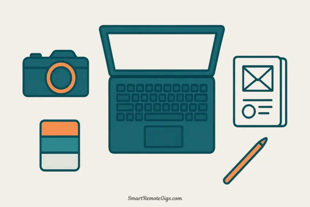 A top-down vector illustration of a creative's desk with a laptop showing a document, a camera, a sketchbook, and a color palette swatch.