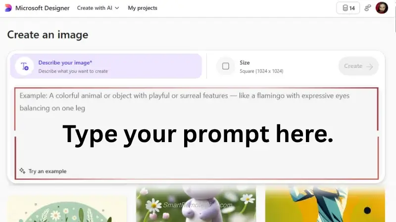 Screenshot of the Microsoft Copilot Designer interface with a red arrow pointing to the text box where a beginner should type their AI art prompt.