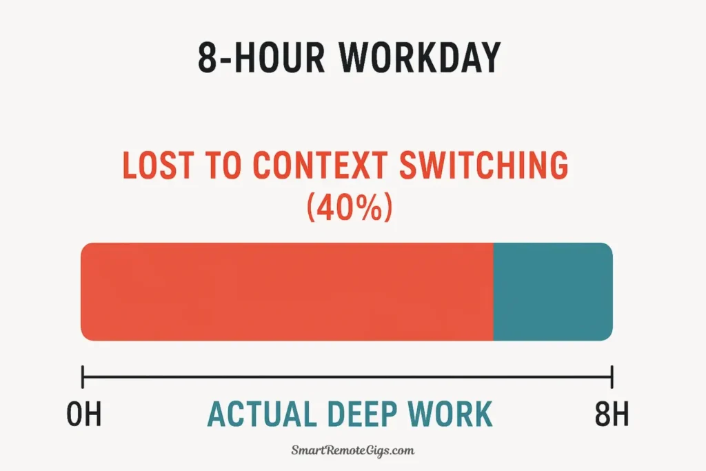 An infographic chart showing an 8-hour workday, with large red sections cut out for 'Context Switching Cost,' leaving only a small portion for 'Actual Productive Time'.