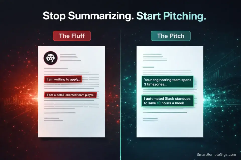 Infographic comparing a generic, AI-generated project manager cover letter with a targeted, ROI-driven 2026 async pitch.