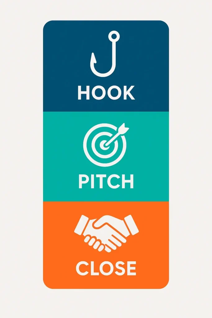 An infographic illustrating the three-paragraph cover letter formula: Hook (research), Pitch (achievements), and Close (call to action).