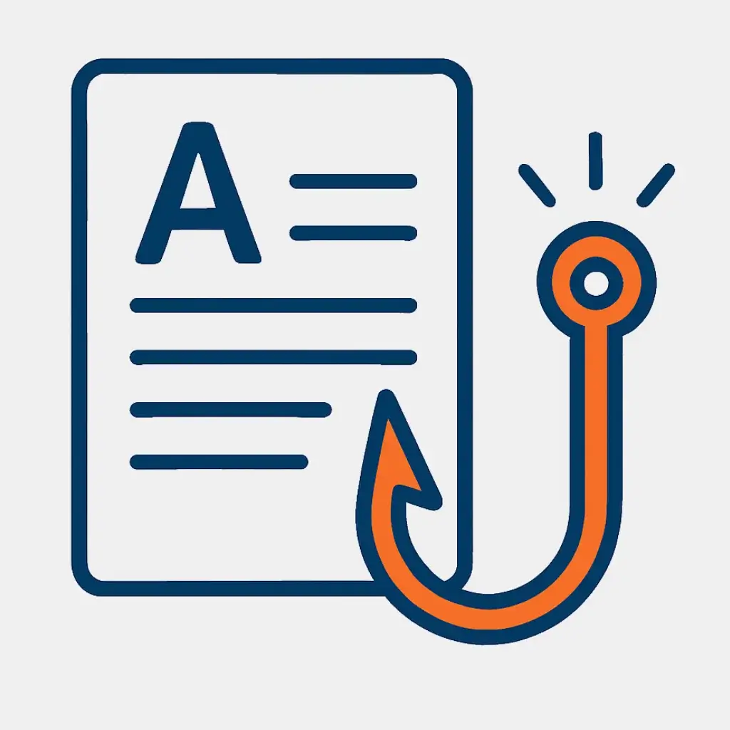 A fishhook icon emerging from the first paragraph of a letter, illustrating the step of writing a compelling hook.