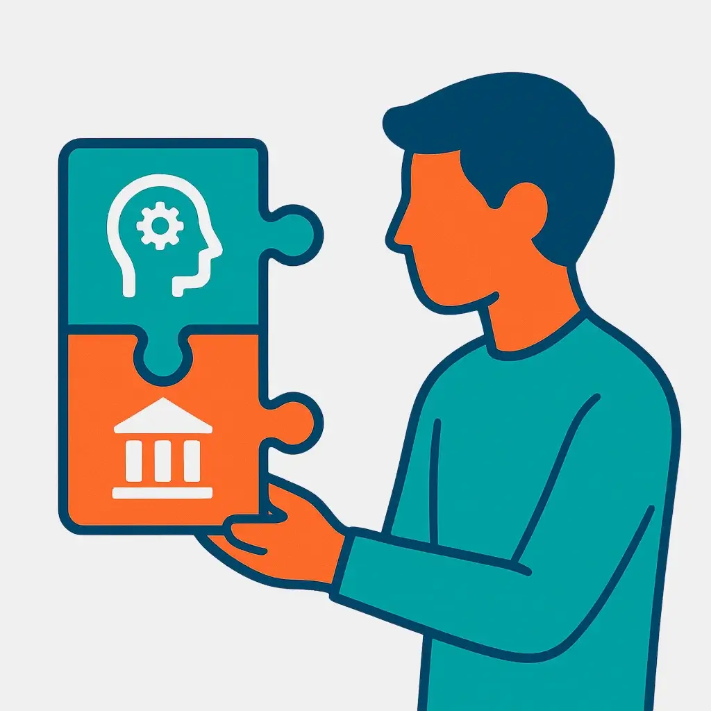 An icon of puzzle pieces connecting skills to company needs, representing the step of writing the pitch paragraph.