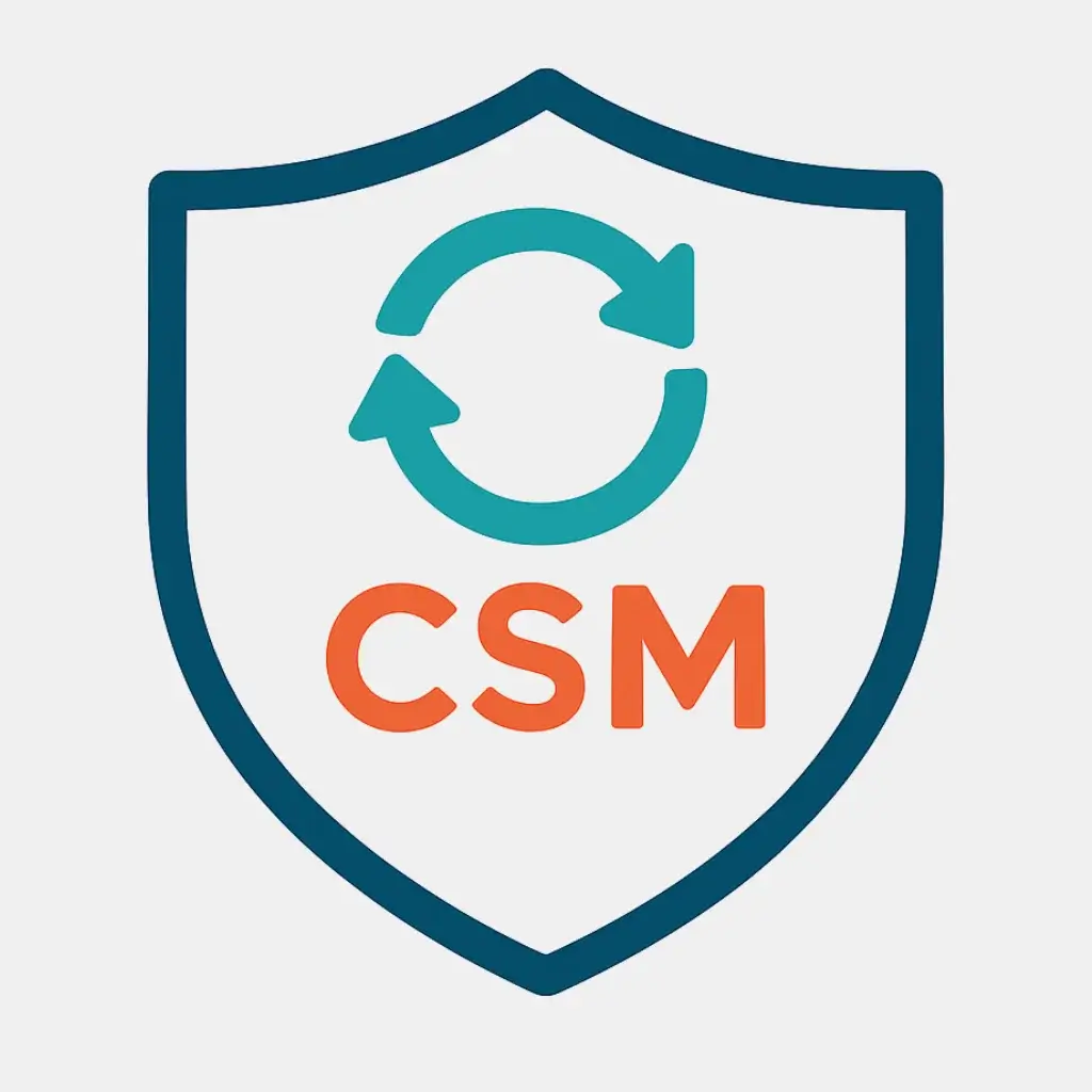 An icon of a shield with Agile process arrows, representing the Certified ScrumMaster (CSM) certification for tech and software roles.