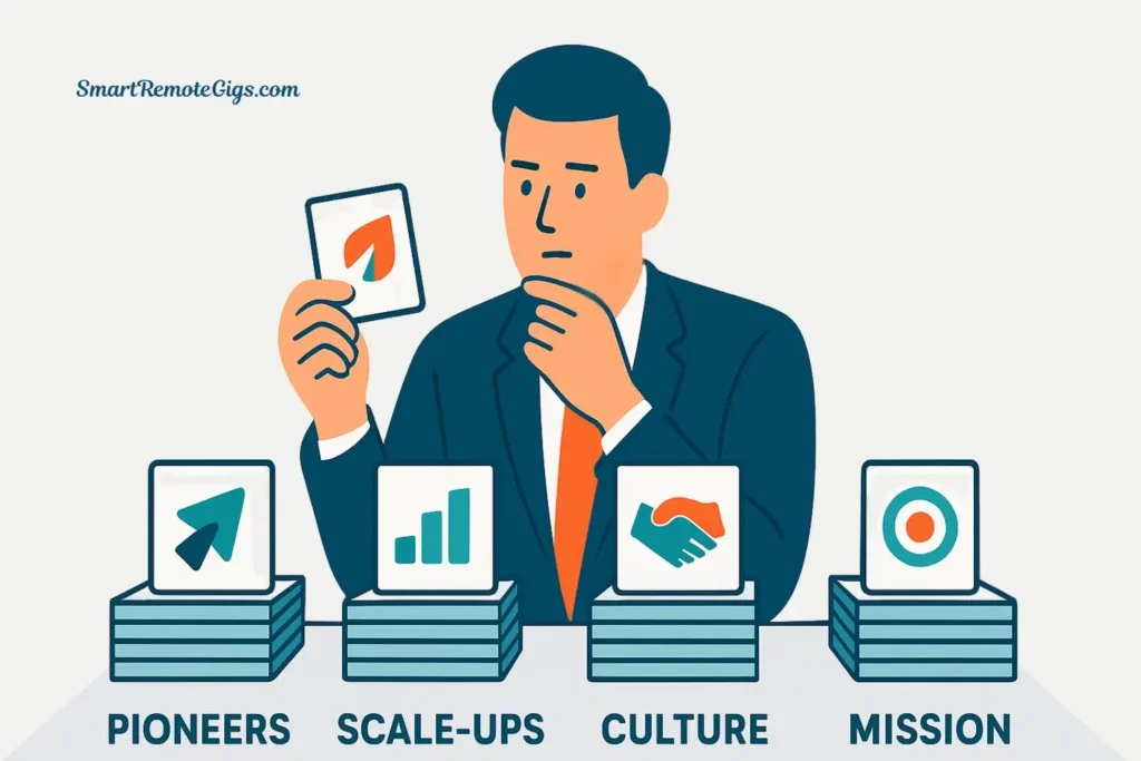 An expert curating remote companies into categories like Pioneers, Scale-Ups, and Culture Champions.