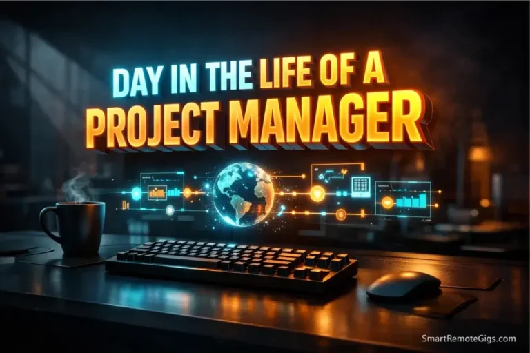 3D cinematic illustration of a 2026 day in the life of a project manager featuring an asynchronous futuristic workspace.