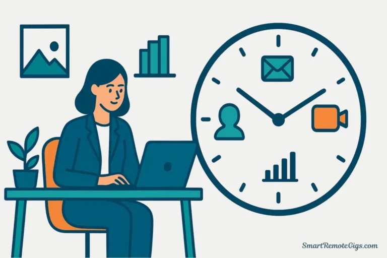 A remote project manager at her desk next to a clock showing the various tasks of her hour-by-hour work schedule.