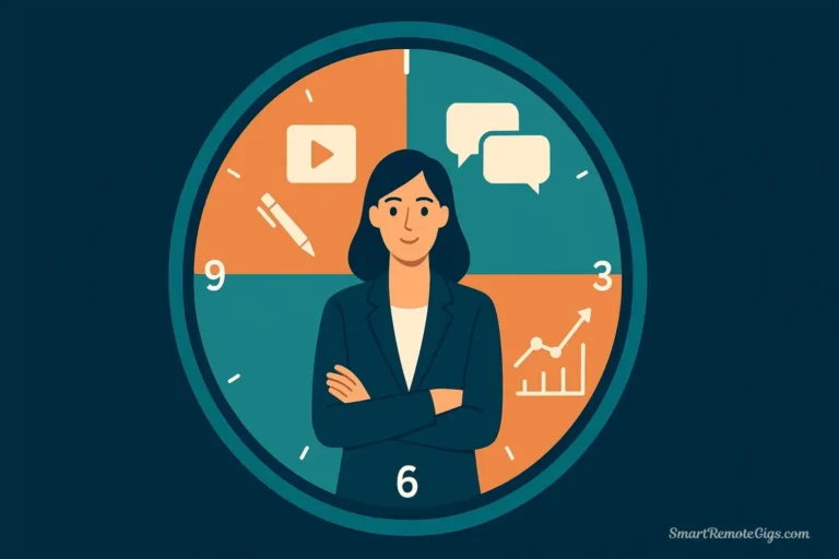 An illustration showing a remote social media manager's day in a "clock-face" infographic, with different tasks like content creation, analytics, and meetings at different times.