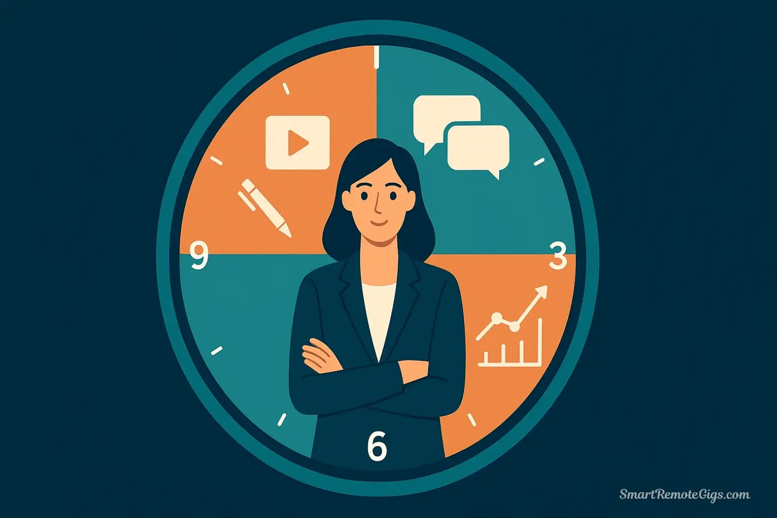 An illustration showing a remote social media manager's day in a "clock-face" infographic, with different tasks like content creation, analytics, and meetings at different times.