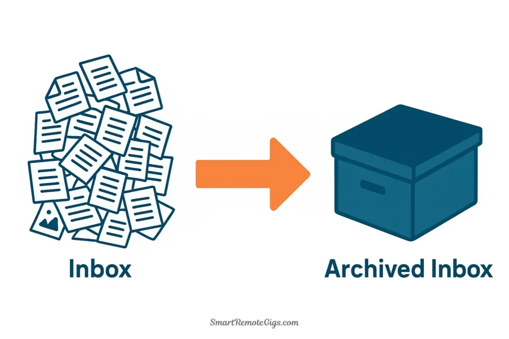 Illustration of declaring inbox bankruptcy by moving a massive, overwhelming pile of unprocessed digital notes into a single, clean archive folder.