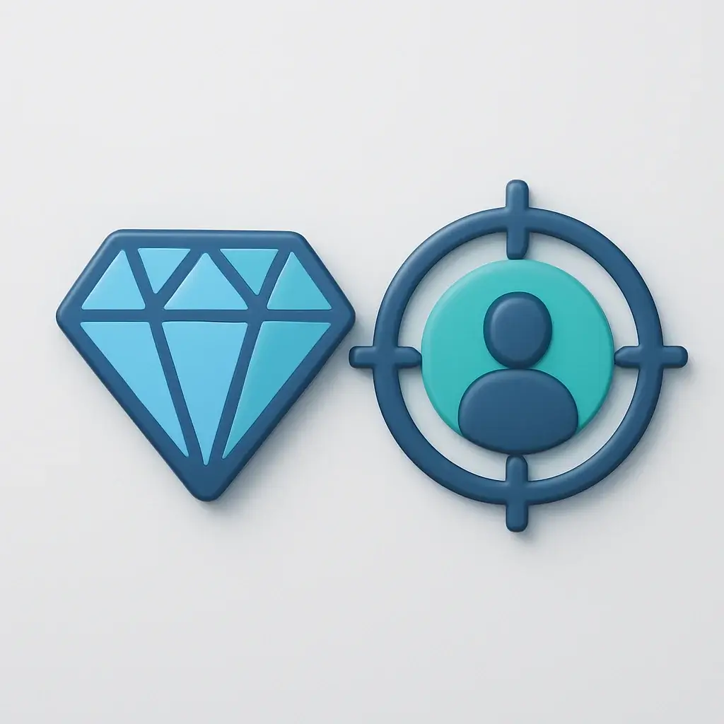 A 3D icon representing the first step of cold emailing: defining a high-value offer and ideal client profile.