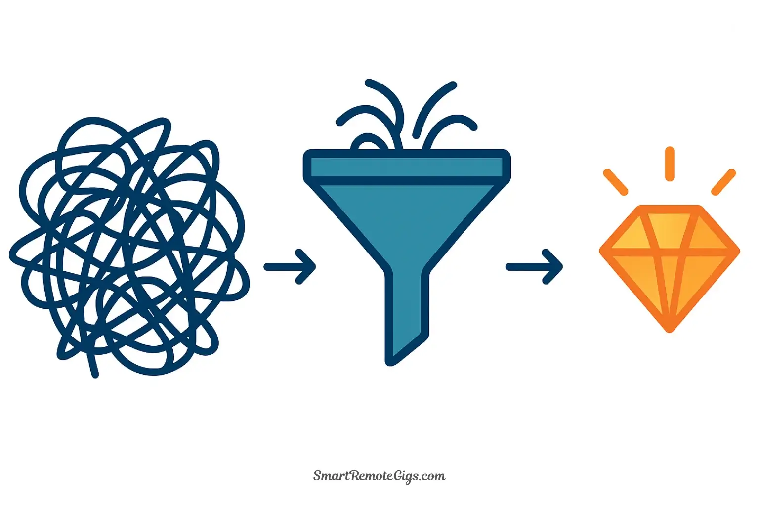 Conceptual illustration of distilling a note: from raw text, through a filter, to a single, valuable idea, representing the Express step.