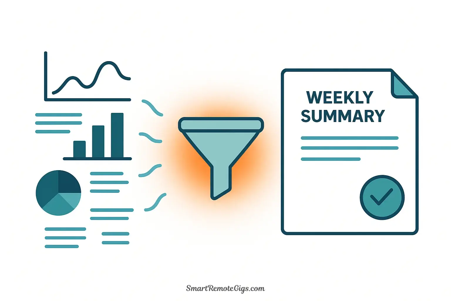 Illustration of distilling complex project data and notes into a single, clean weekly summary report for management.