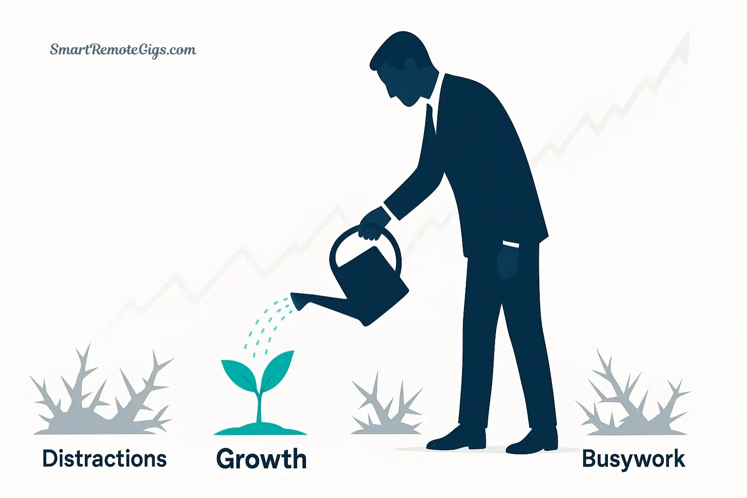 A founder watering a small sapling labeled 'Growth' while ignoring thorny bushes of distraction, symbolizing the Eisenhower Matrix's role in focusing on what matters.