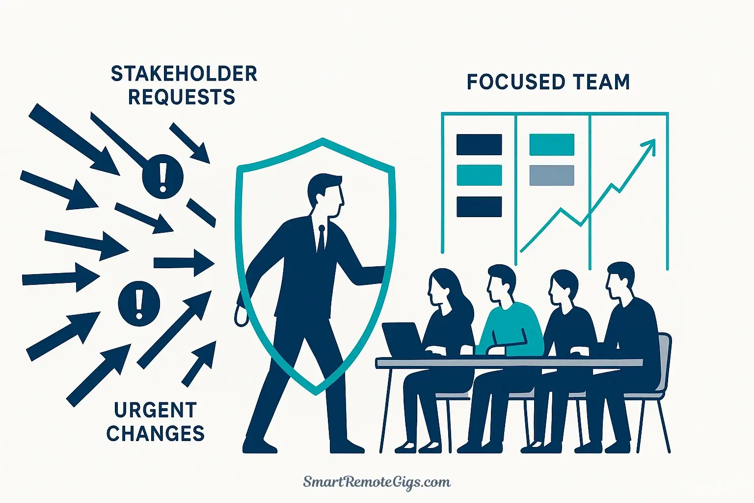 A project manager using a shield to protect their team from a storm of urgent requests, illustrating the role of the Eisenhower Matrix in maintaining focus.