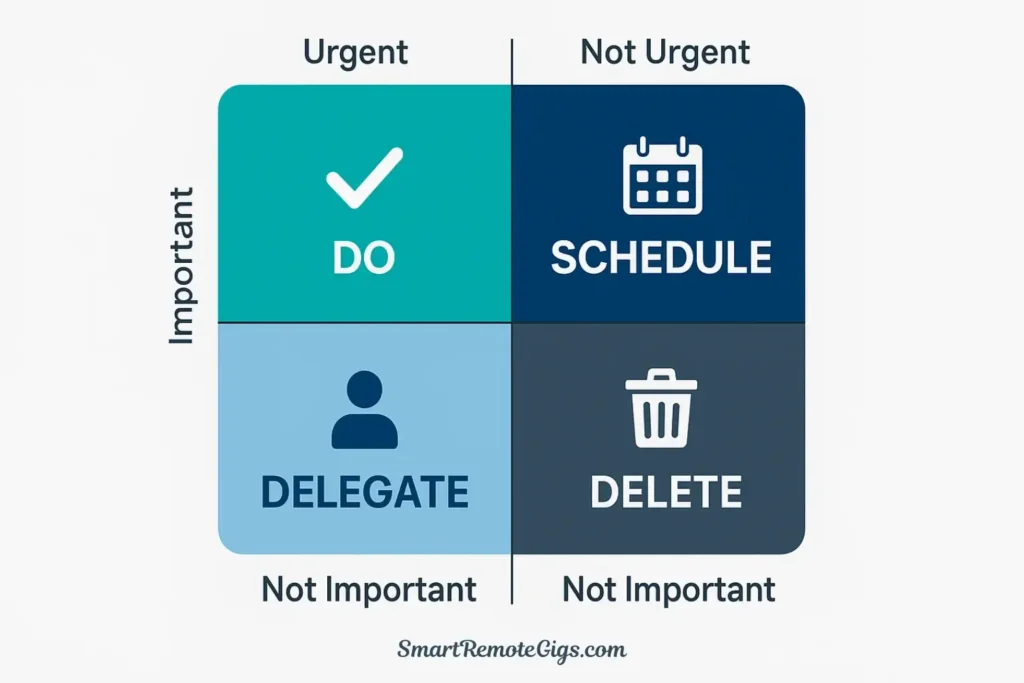 The Eisenhower Matrix showing four quadrants: Do (Urgent and Important), Schedule (Important, Not Urgent), Delegate (Urgent, Not Important), and Delete (Not Urgent, Not Important).