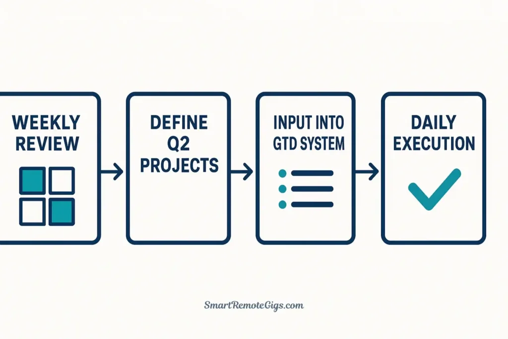 A workflow diagram showing how to integrate the Eisenhower Matrix and GTD: starting with a weekly review using the Matrix to define projects for the GTD system.