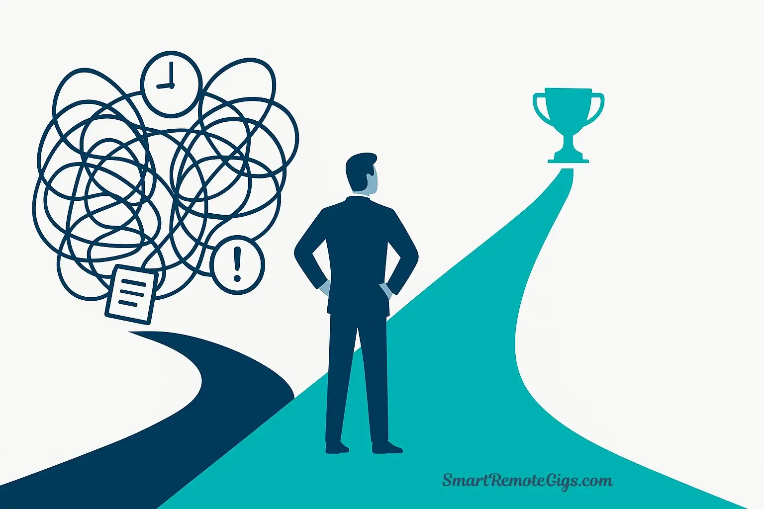 A professional choosing a clear path to success over a chaotic path, illustrating the clarity provided by the Eisenhower Matrix.
