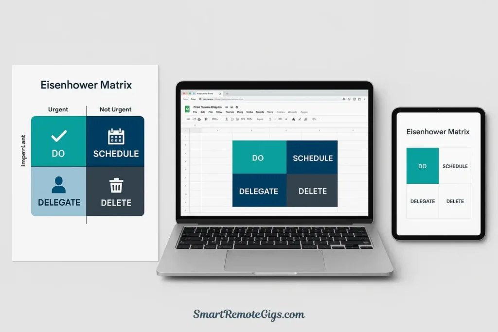 A showcase of three free Eisenhower Matrix templates: a printable PDF, a Google Sheets version on a laptop, and a Notion version on a tablet.