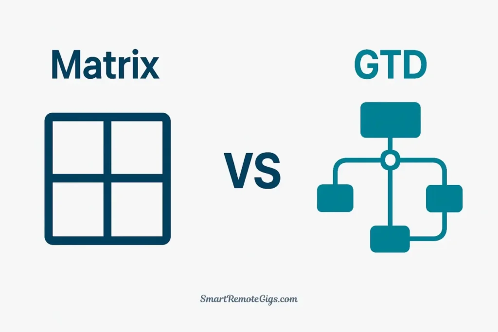 An infographic comparing the Eisenhower Matrix (represented by a 2x2 grid) versus GTD (represented by a 5-step flowchart).