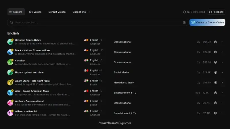 A screenshot of the main ElevenLabs Speech Synthesis editor, showing the clean text input field and the dropdown menu for voice selection.