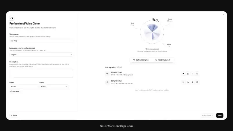 A screenshot of the ElevenLabs Voice Lab interface showing a list of custom voice clones with options for management and use.