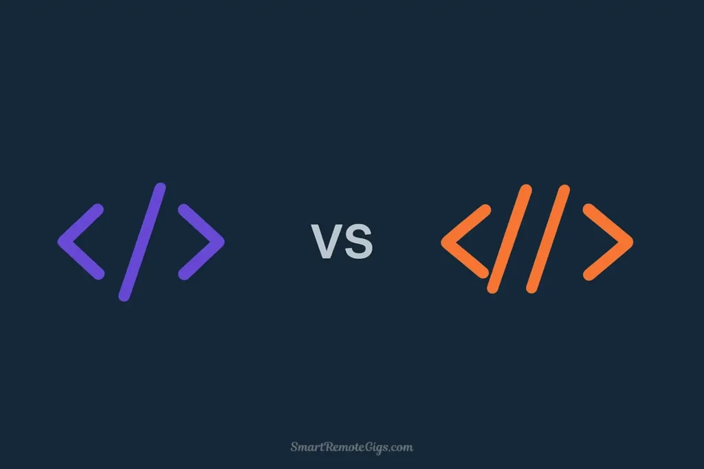 An infographic comparing two code brackets, the orange one for Play.ht is shown as more complex and robust than the purple one for ElevenLabs, representing their API differences.