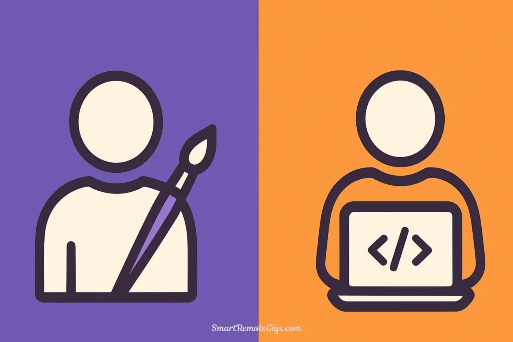 A split infographic showing a creative artist icon for ElevenLabs on a purple background and a developer icon for Play.ht on an orange background.
