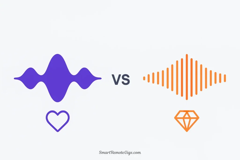 An infographic comparing two soundwaves, one purple and organic representing ElevenLabs' emotional quality, and one orange and precise representing Play.ht's clarity.