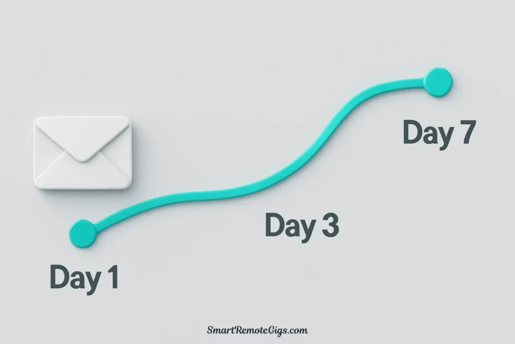 A 3D illustration of an automated workflow, showing an email moving through a sequence of steps on a timeline, representing email automation platforms.