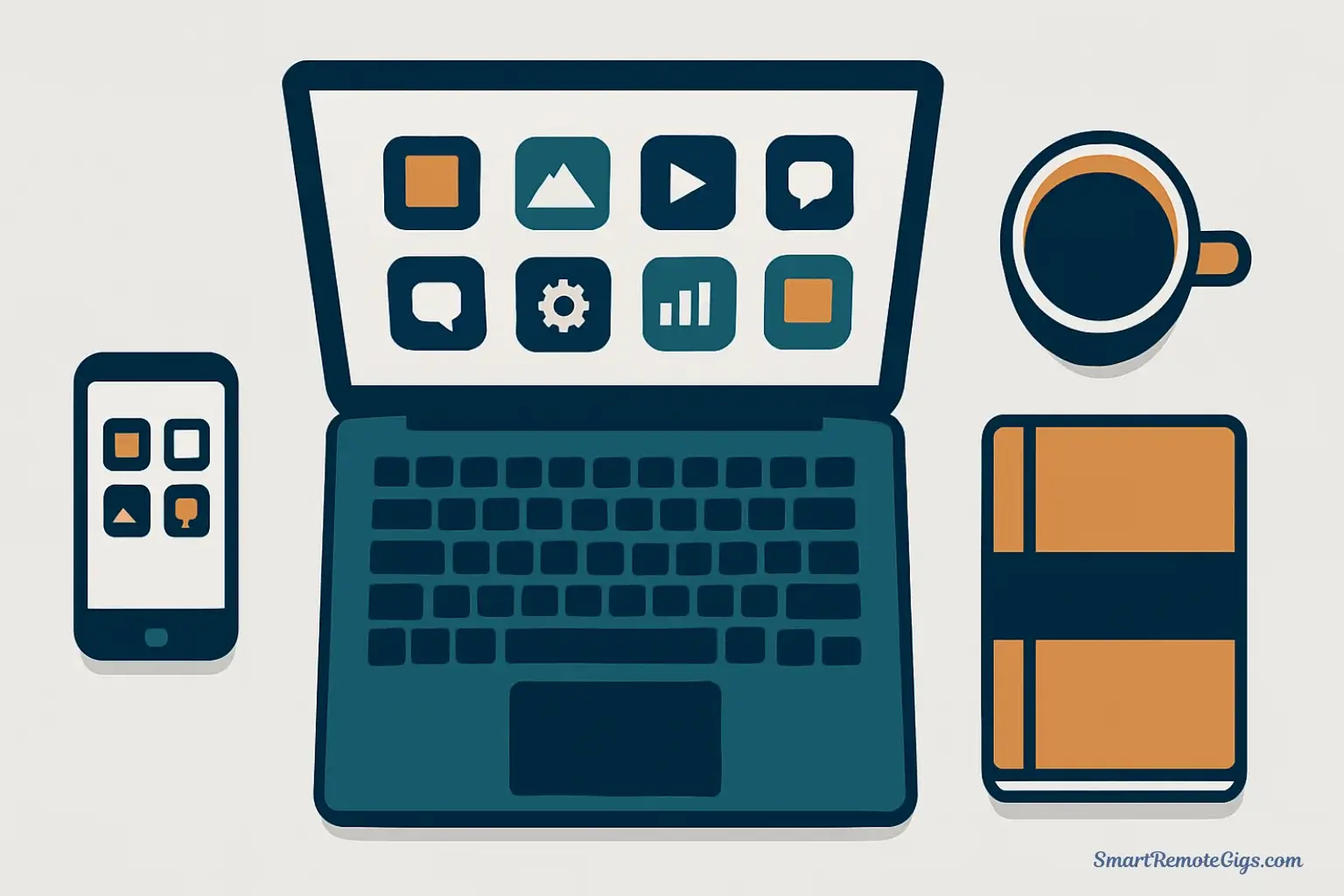 A minimalist vector illustration of a freelancer's modern desk with a laptop and smartphone displaying icons of the essential freelance business tools, arranged neatly to form a cohesive system.