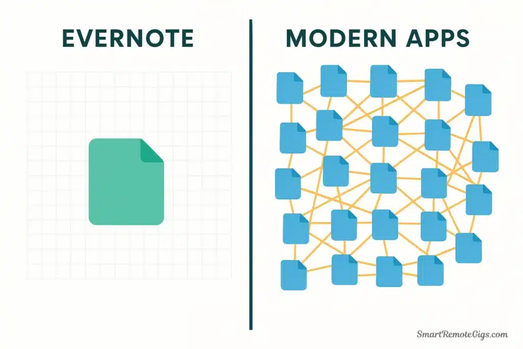 Illustration contrasting Evernote's isolated, unconnected notes with the interconnected web of notes found in modern apps like Obsidian or Notion.