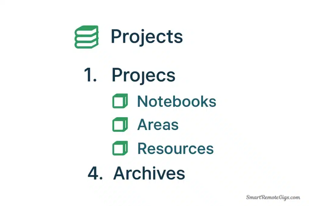 Illustration of Evernote's hierarchical organization, showing a clear stack of notebooks for P.A.R.A. categories like Projects, Areas, and Resources.