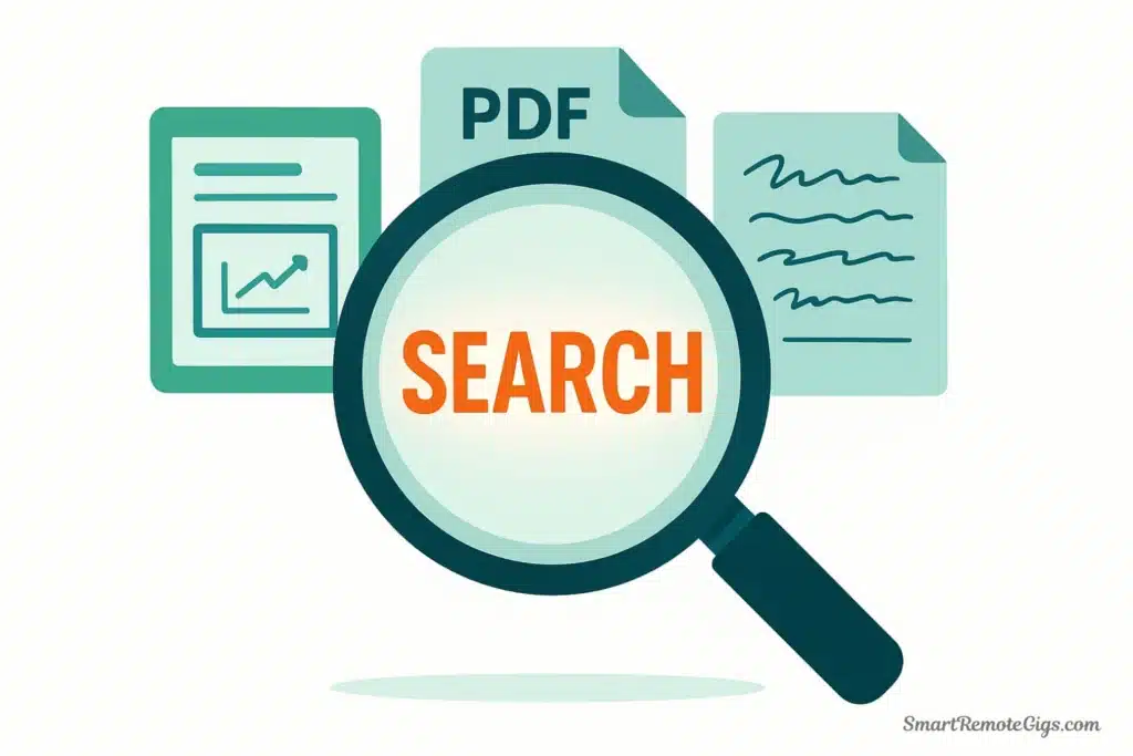 Conceptual illustration of Evernote's powerful OCR search, showing a magnifying glass successfully finding text inside an image, a PDF, and a handwritten note.