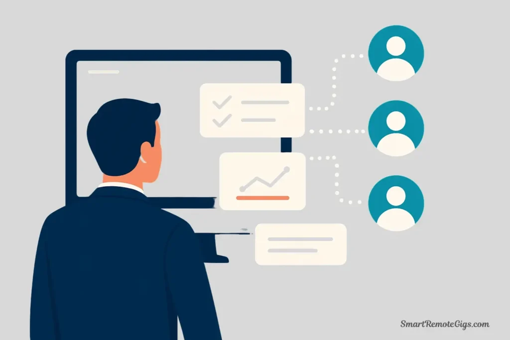 Illustration of a manager using their second brain dashboard to send clear, data-driven communications to their team members.