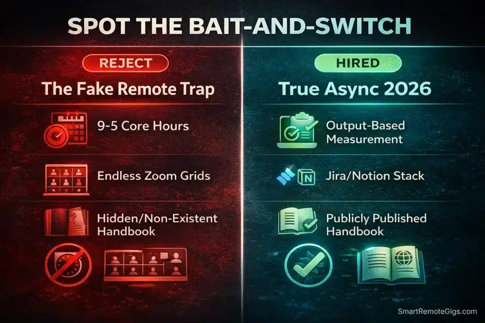Infographic comparing fake remote corporate jobs with true asynchronous remote tech companies.