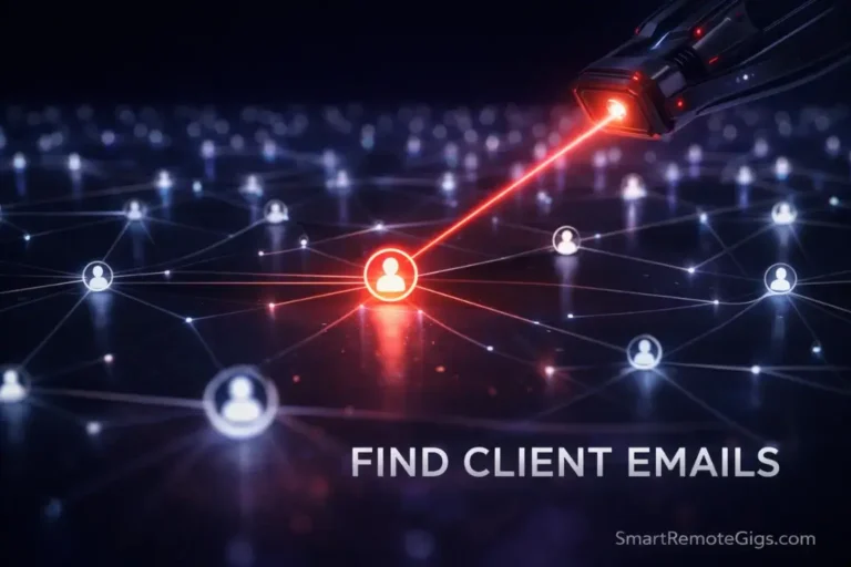 A digital scanner locking onto a specific person in a network, symbolizing finding a client email address.