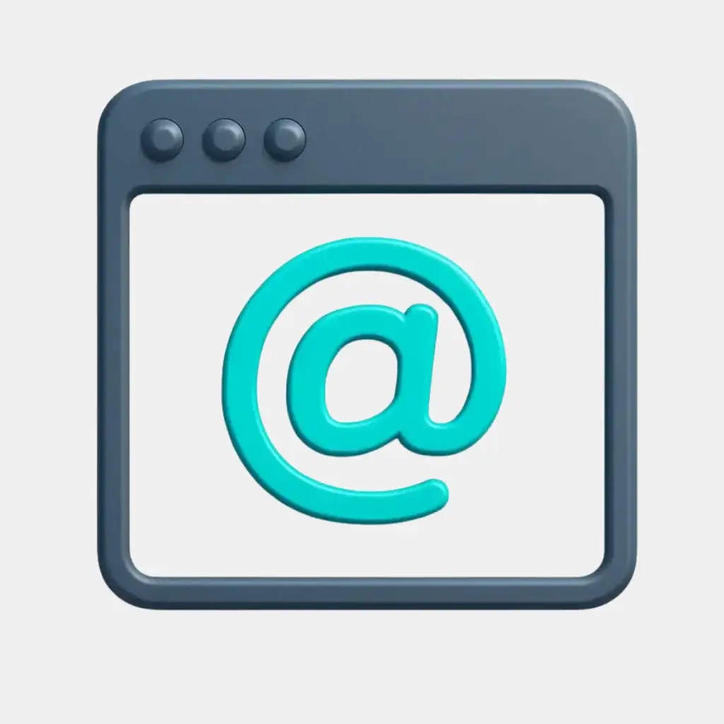 A 3D icon of a browser window with a contact card highlighted inside, representing the method of finding emails on a company's website.