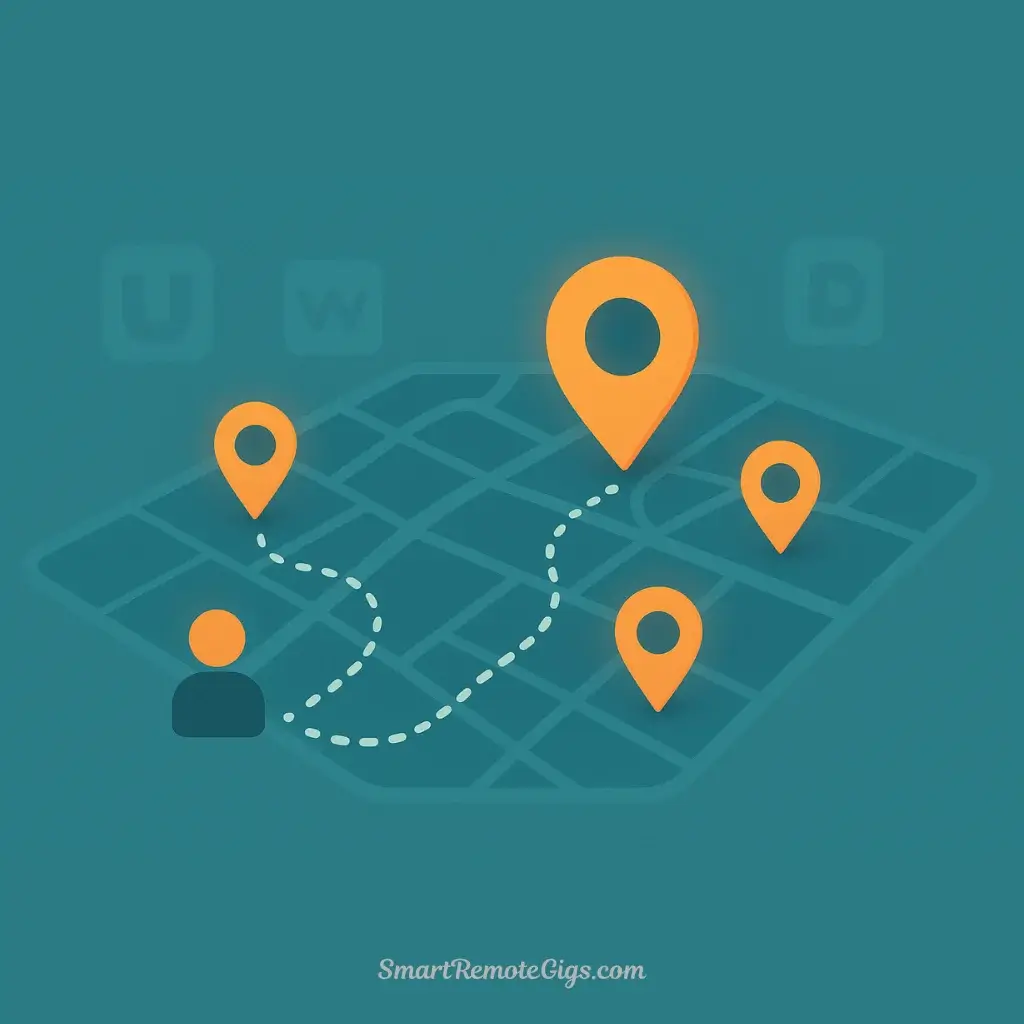 A digital map showing glowing pathways connecting a person to various company logos, representing the strategic process of finding and applying for remote social media jobs.