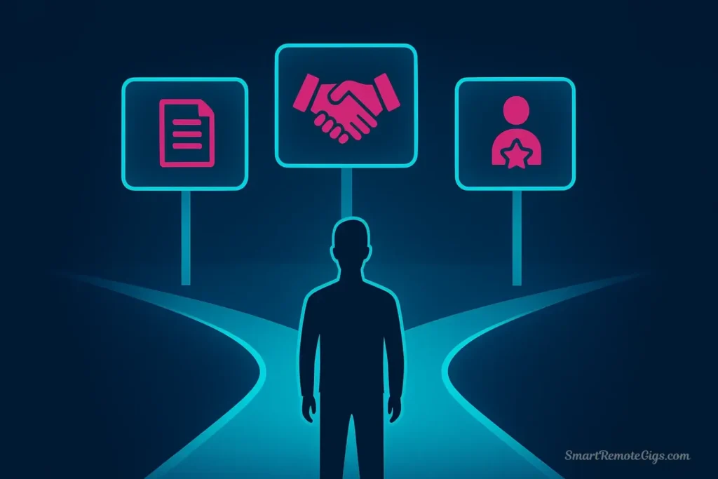 An illustration of a person at a digital crossroads, with glowing signposts pointing towards different job search strategies: 'Job Boards', 'Freelancing', and 'Networking'.