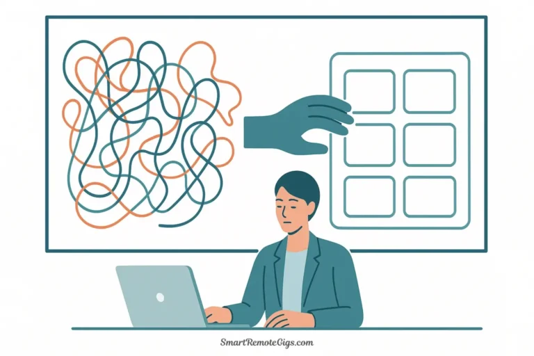 A vector illustration showing a calm freelancer guiding chaotic, fluid shapes representing tasks into organized, flexible blocks on a digital calendar.